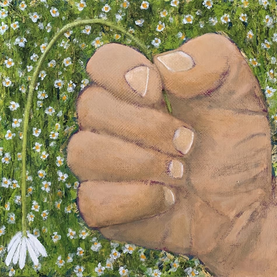 Gabe Langholtz, Loveless 2020 (acrylic painting on canvas of hand holding drooping white flower)