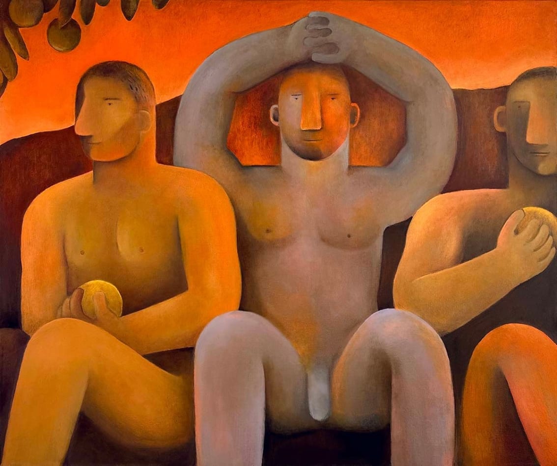Carlos Rodriguez - painting of three nude men sitting side by side. Two on the side have their hand rested in front of their chest, while the one in between has his arms lifted above his head. The general tone of the painting is warm and in shades of orange besides the skin tone of the man in the middle with parts of blue shades.
