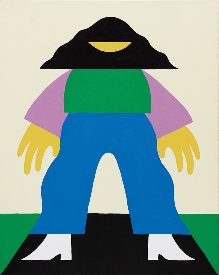 a painting of a figure in blue pants, green shirt, white pointed boots with black hair stands on a black road with greed grass, a beige background behind her.