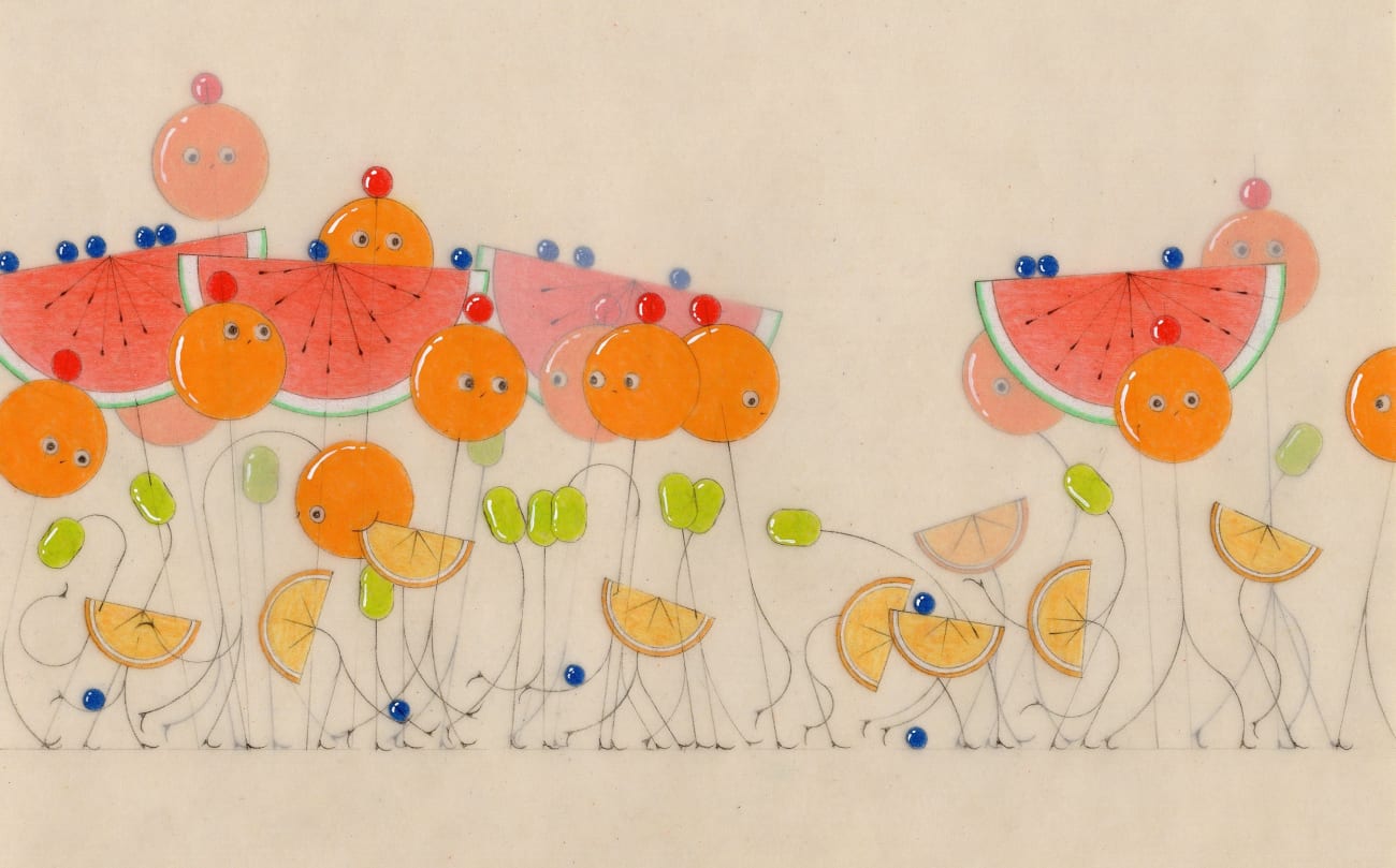 Drawing of a parade of various fruit characters. Lemons, oranges, cut watermelon halves and green grapes with tiny blue berries everywhere.