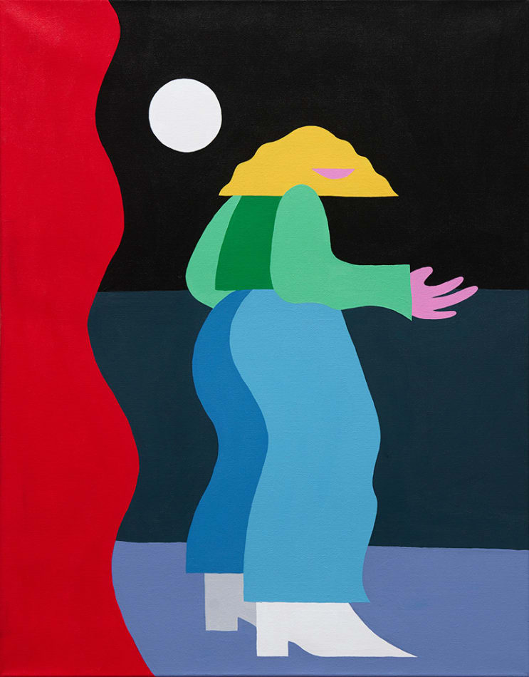 a painting of a figure standing with her back to us, right foot in her white boot planted towards us, her right hand extended towards the right side of the canvas. Her left shoulder is facing the edge of a dark balcony, looking out to the black night sky with a white moon. On the left, a red squiggly curtain.