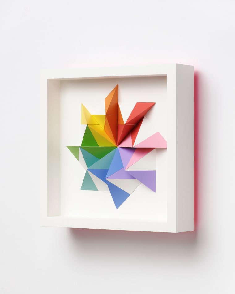 wooden geometric wall sculpture by Sean newport - rainbow