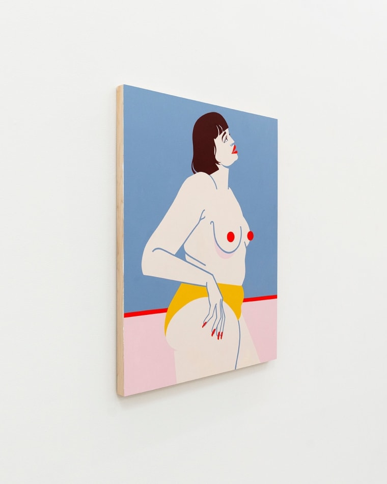 Painting of topless woman in yellow underwear by Jillian Evelyn