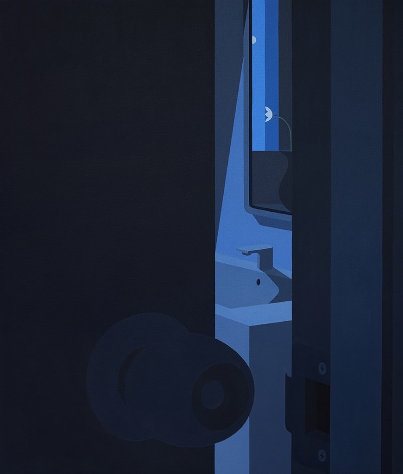 Still life painting of a door slightly open. Beyond the door is a sink with a mirror above it, on the ledge of the mirror is a flower in a vase.