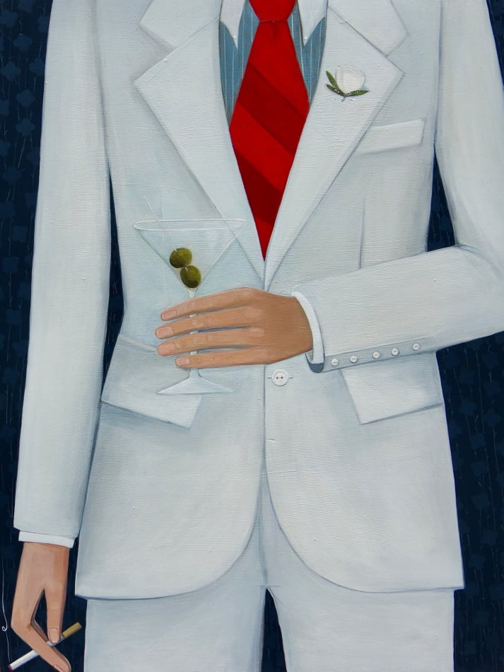 Angela Burson's painting of a man wearing a suit holding a martini