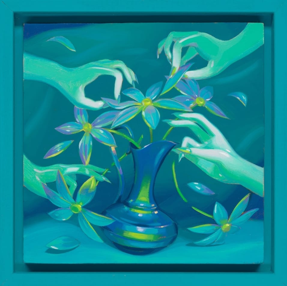 painting by Megan Ellen MacDonald depicting many hands plucking petals off of blue flowers in a vase