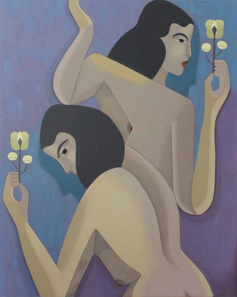 two dark haired nude woman holding flowers