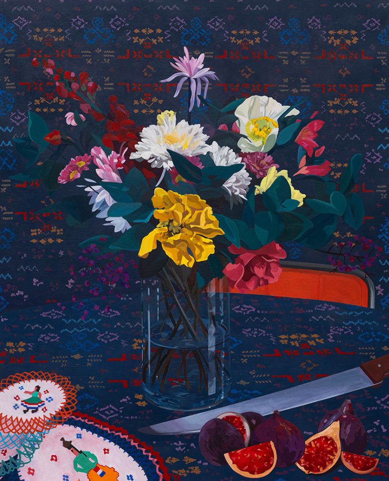 Francisco Diaz Scotto (Pastel) painting of embroidery background, with a floral arrangement at center. Cut figs and knife in foreground