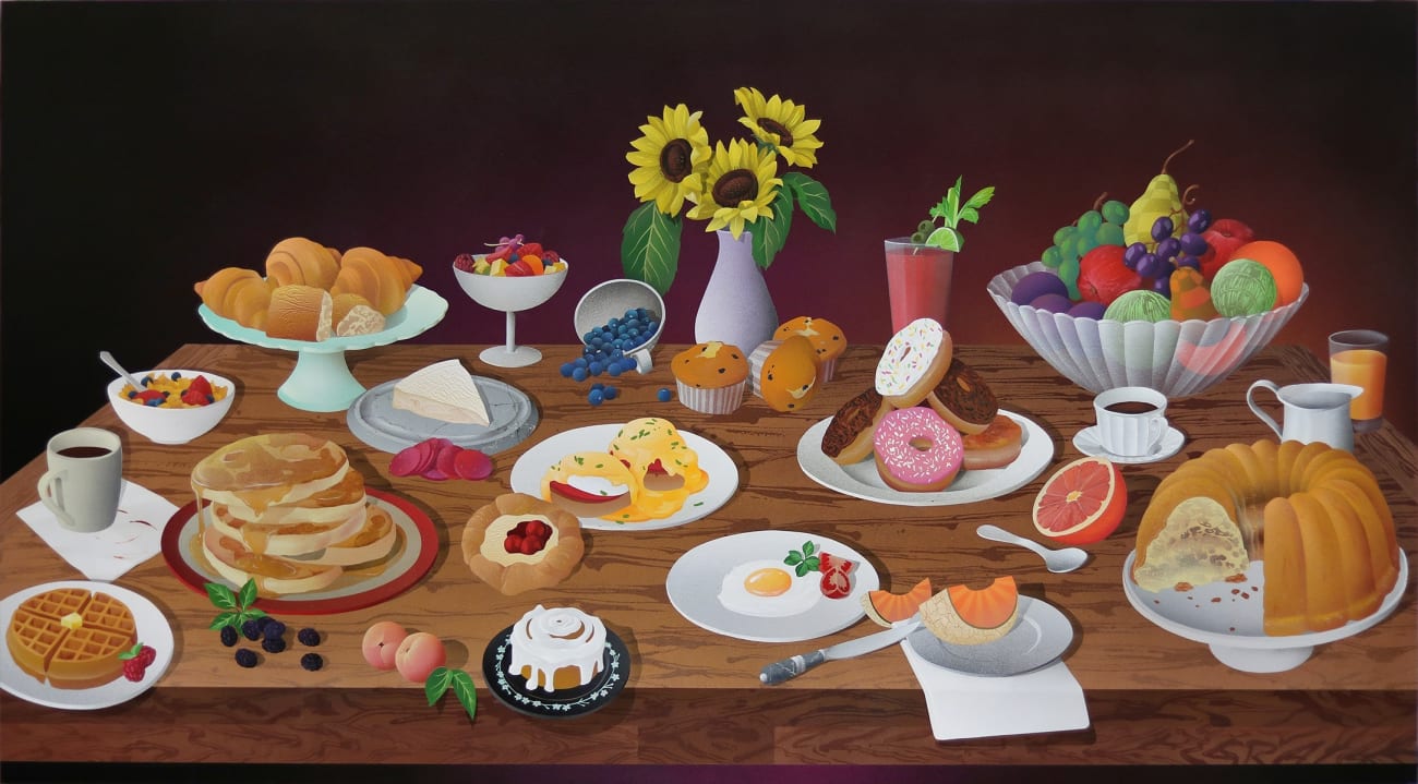 Casey Gray - Spray Painting of a table of baked sweets, fruits, and flowers in front of black background.