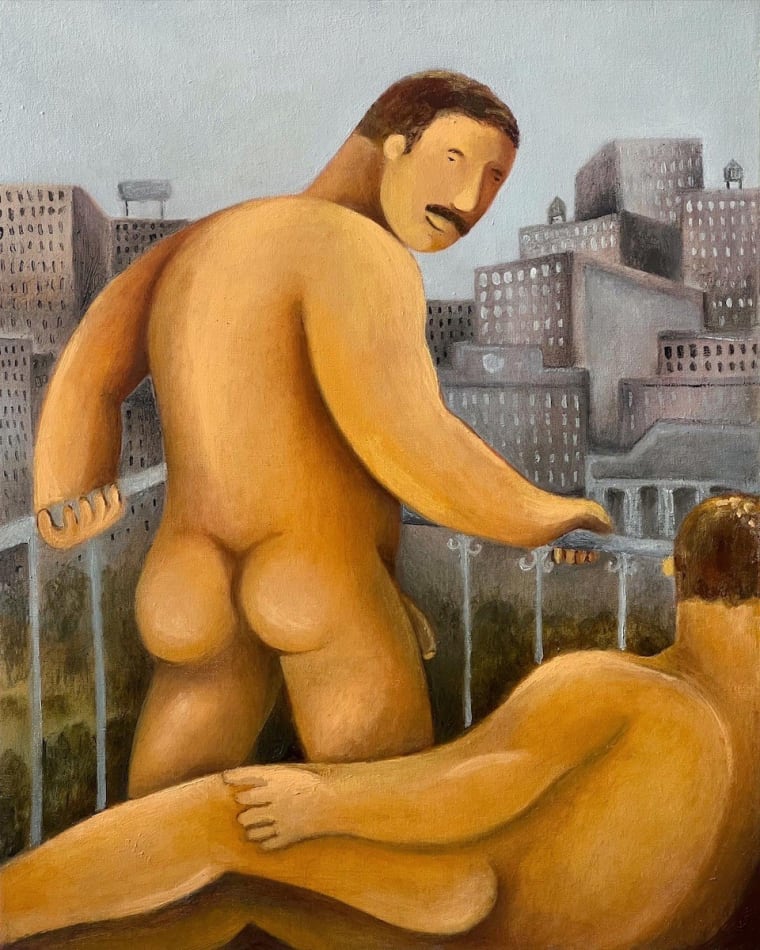painting of two nude men on an outdoor balcony
