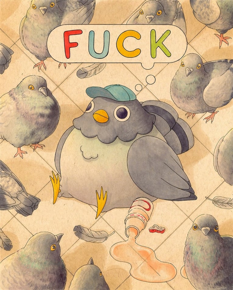 drawing of a pigeon sitting next to a spilled beverage with a text bubble that reads 