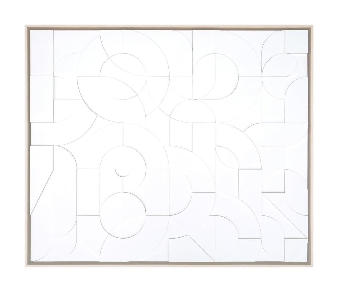 Scott Albrecht wood relief painting, all white abstract forms