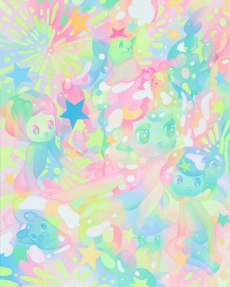 So Youn Lee painting of figures and white bulldogs in pastel tones