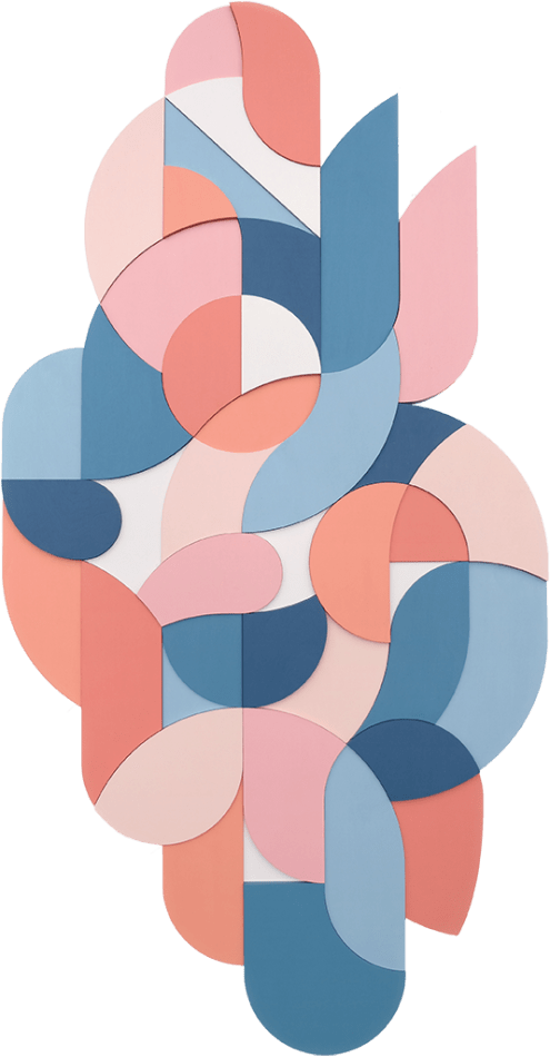 free form multicolor wood sculptural piece made up of spiral shapes and curves by artist Scott Albrecht