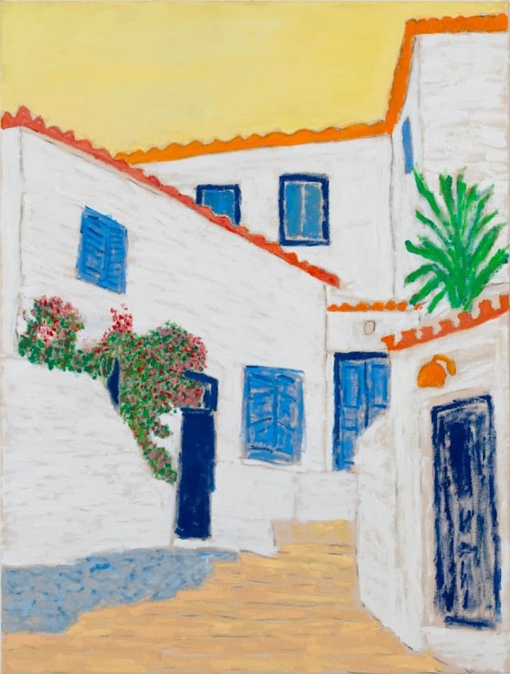 painting depicting an alleyway between white houses with blue doors