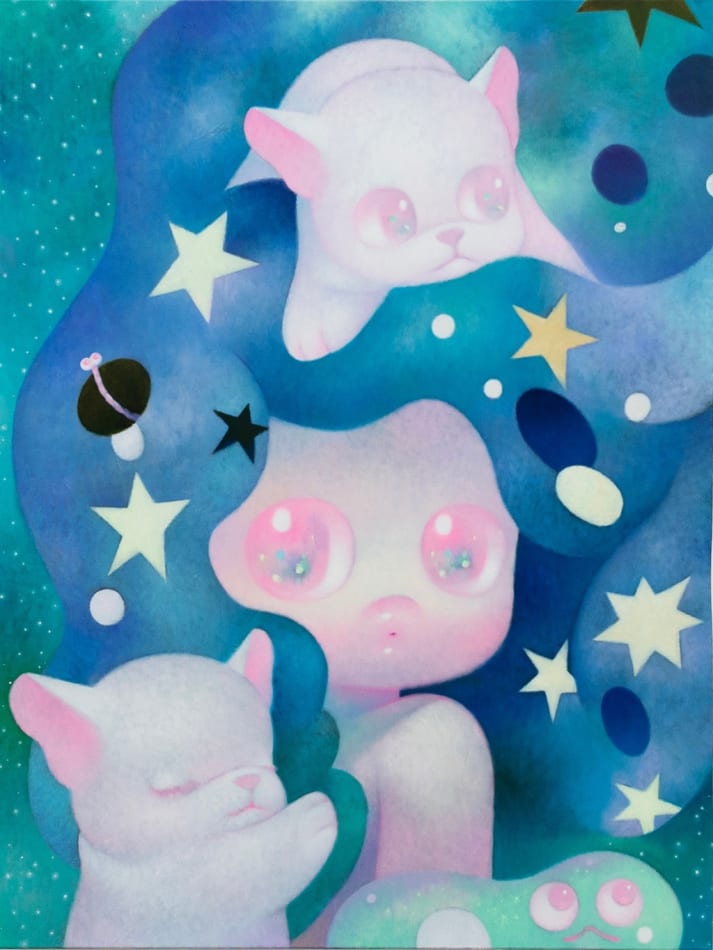 Painting of a girl figure with two dogs, one is in her blue hair and the other is wrapped around her arm. There are stars and dots in her hair.