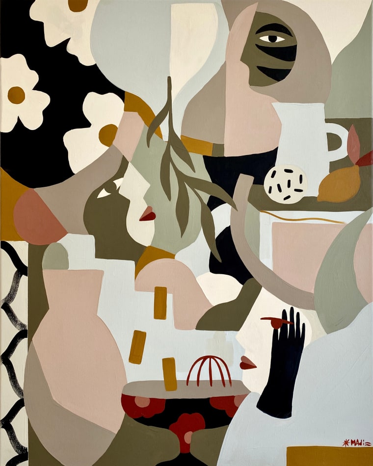 Madi painting of abstracted and cubist figures and vessels in jewel / earth tones