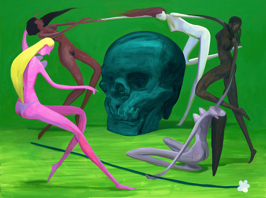Corey K. Lamb - painting of five women figures circling around a skull in human size. the background is in bright green, the skull is dark green, the figure are in different shade of grey, brown, and pink. A white flower lay on the right bottom corner of the canvas