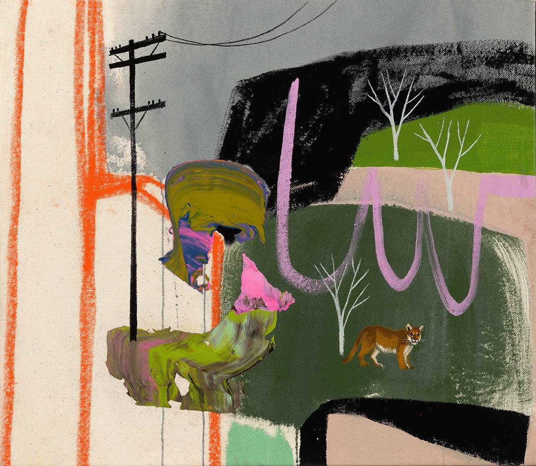 painting of abstracted landscape with a wild cat