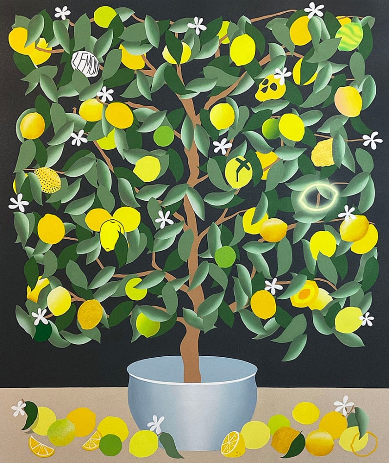 Painting of a rectangular lemon tree in a white pot on a khaki surface and a black background by Stephen D'Onofrio