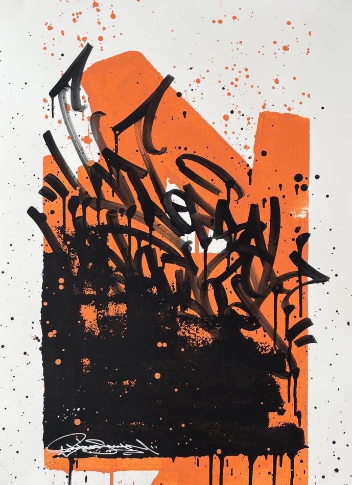 An abstract painting with black and orange strokes of paint in the bottom center of the painting and paint splatters in orange and black on a white background