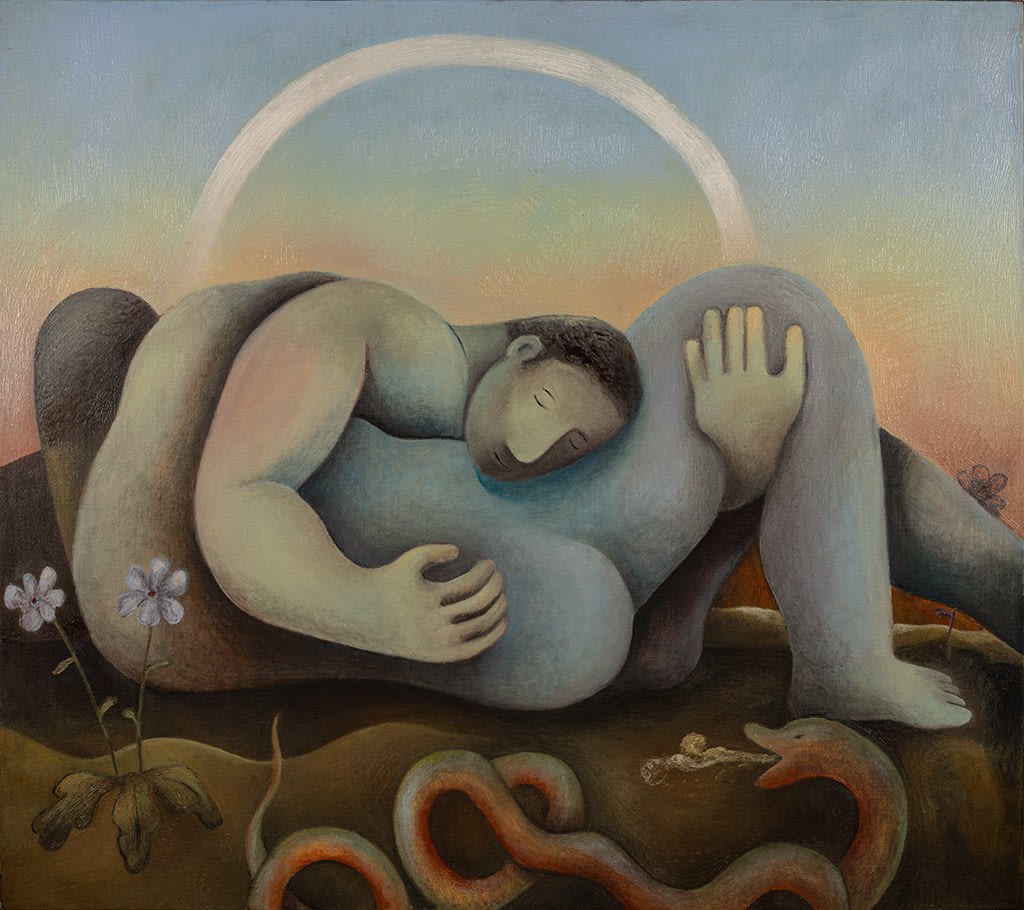 Painting of two men interlocked