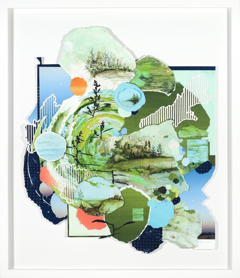 Multimedia collage of earthy elements, drawings, and paintings, in blue, green, and orange with a white frame