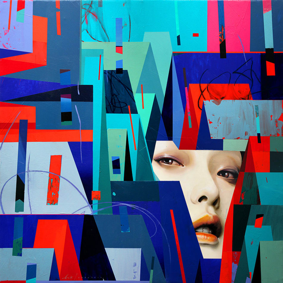 Jessica Hess portrait of woman covered by abstract geometric shapes