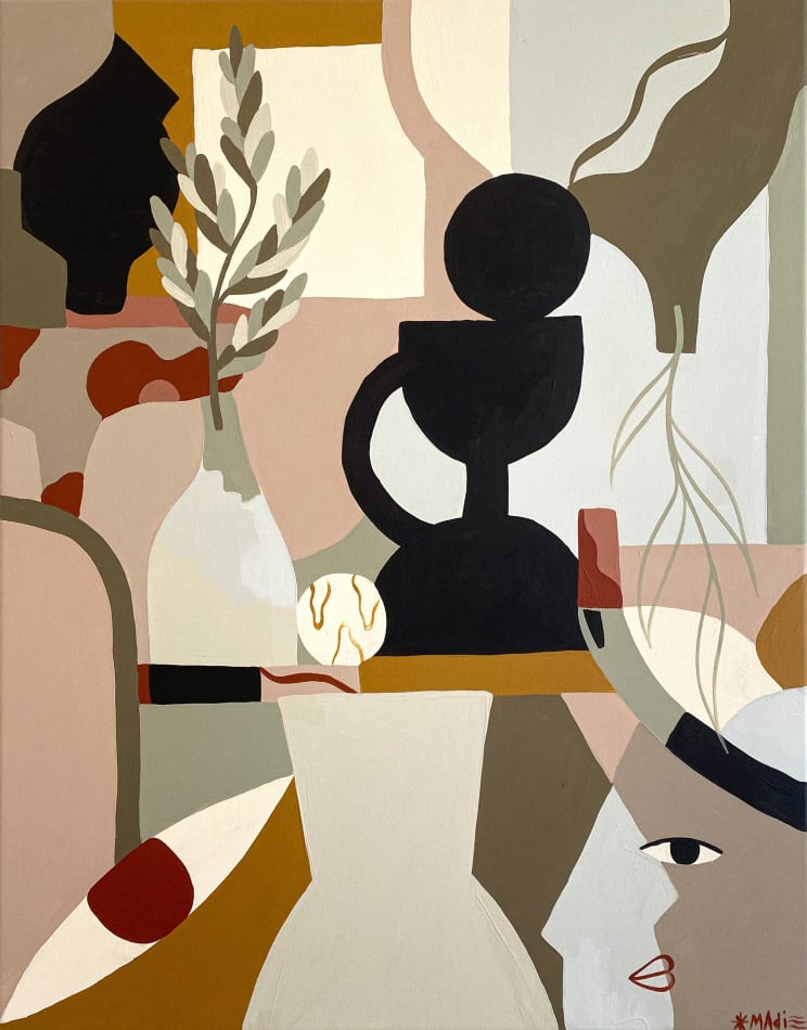 Madi painting of abstracted and cubist figures and vessels in jewel / earth tones