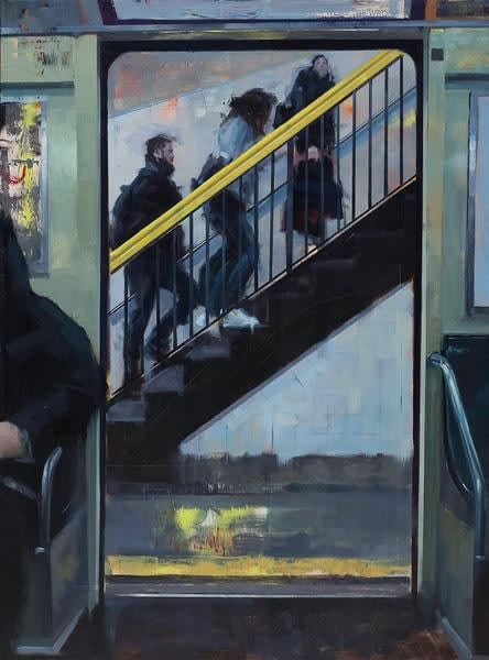 Painterly image of people leaving a subway station by John Wentz