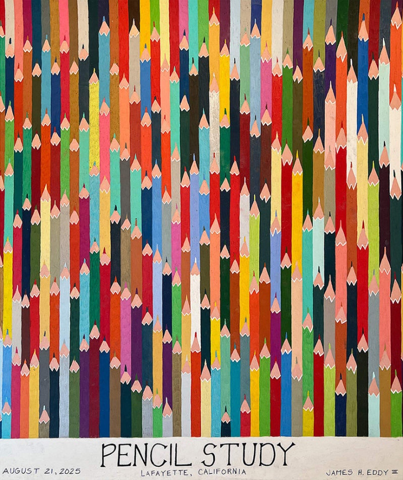 drawing by artist James Eddy depicting a wide variety of colored pencils