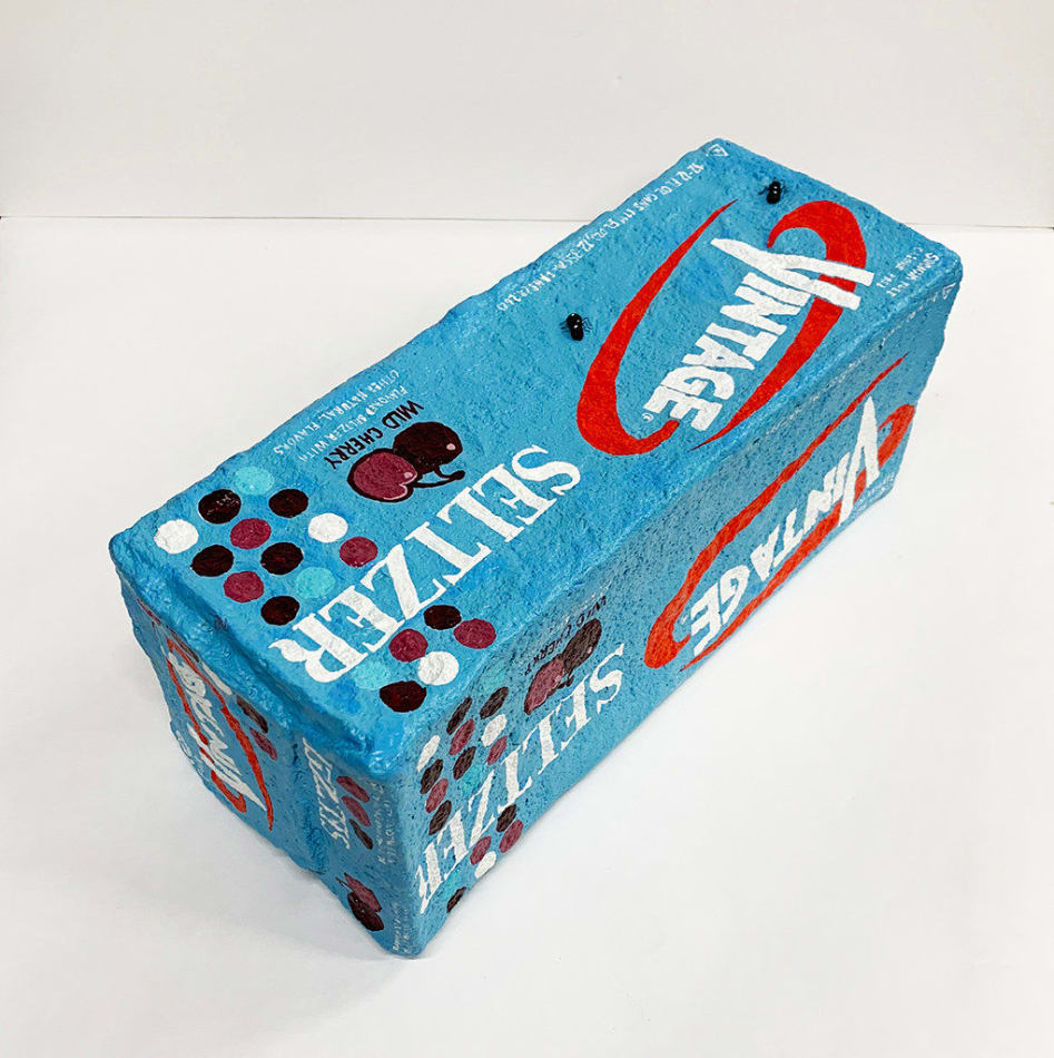 Nic Dyer mixed media sculpture of Vintage black cherry seltzer box