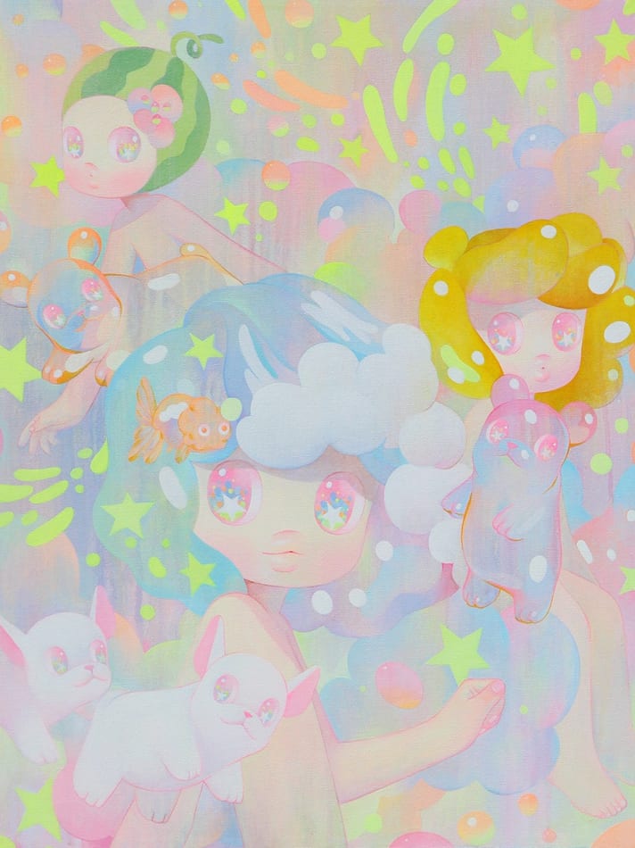 So Youn Lee painting of figures and white bulldogs in pastel tones