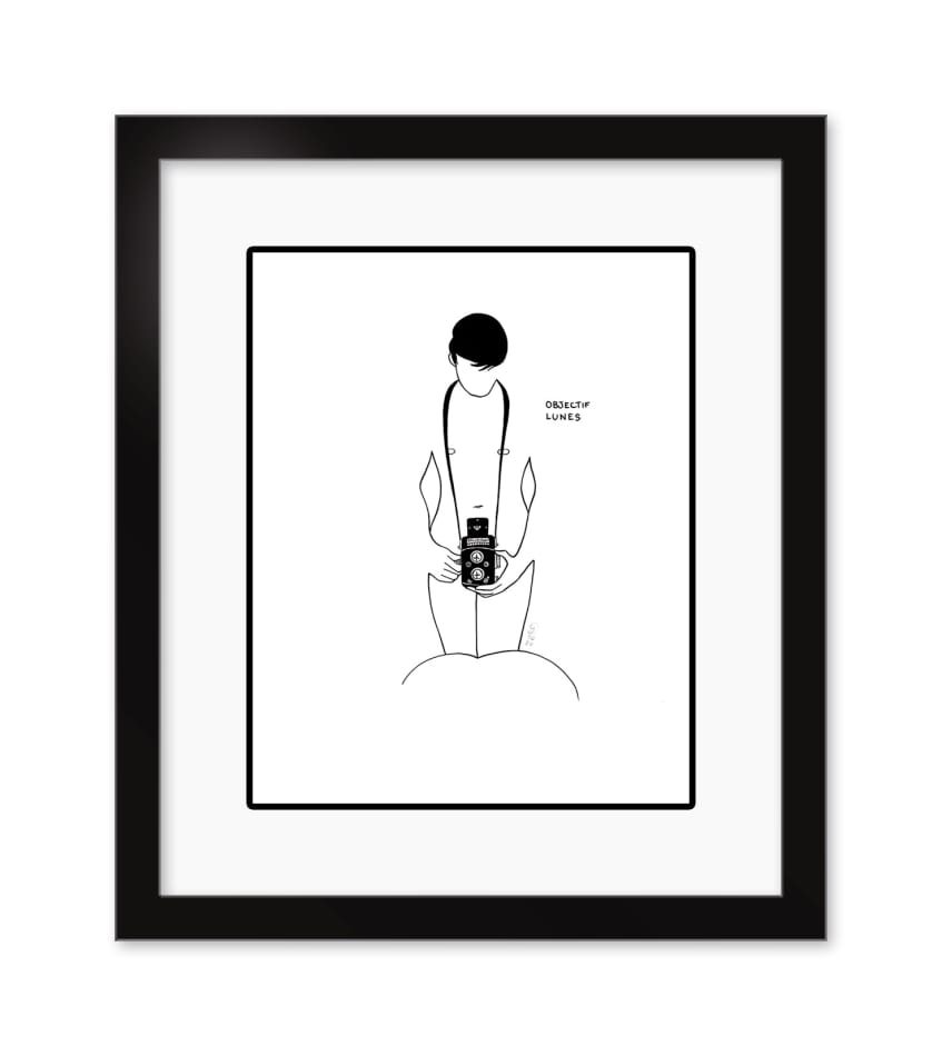 framed Petites Luxures drawing of a nude male holding a camera