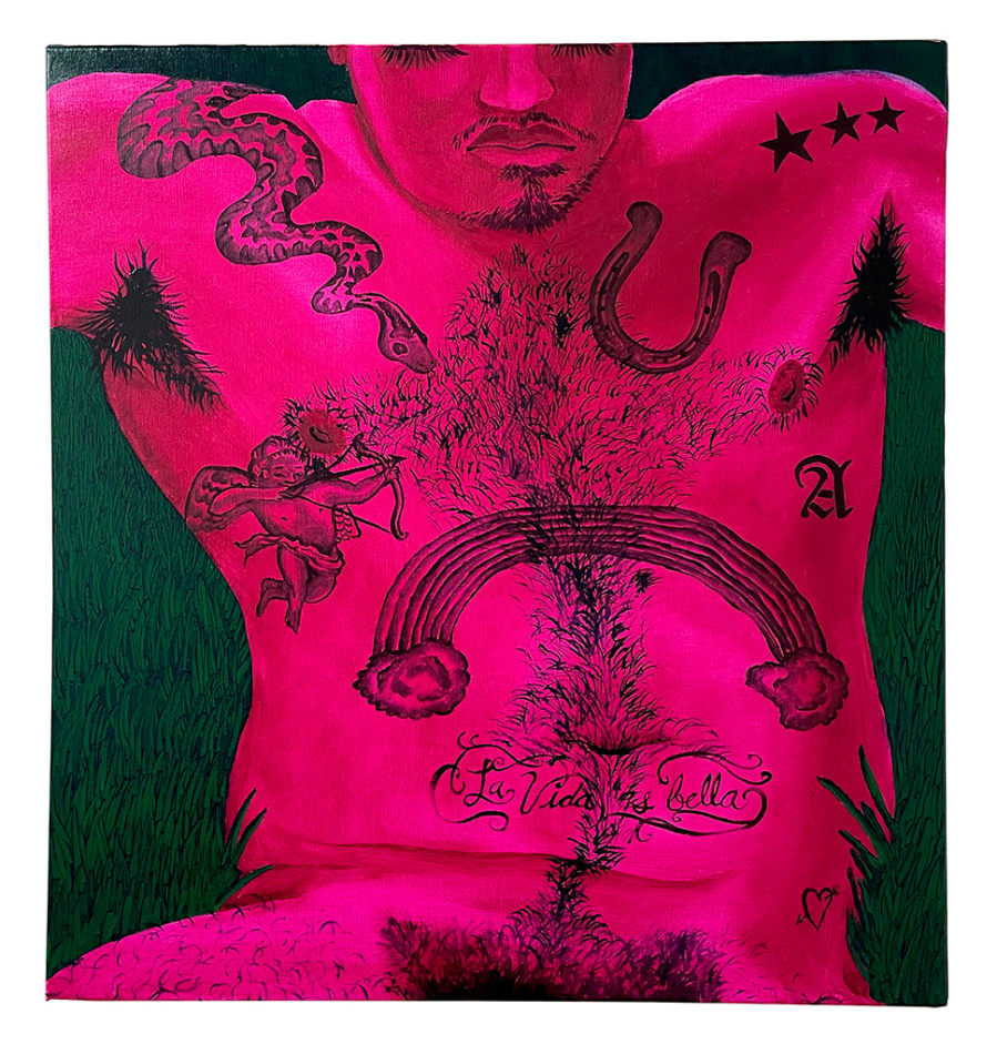 Painted of a naked person with several tattoos including a rainbow on their stomach, a snake and three stars on their shoulders, an angel on their ribs and a horse shoe on their chest. The person is painted in bright pink and black.