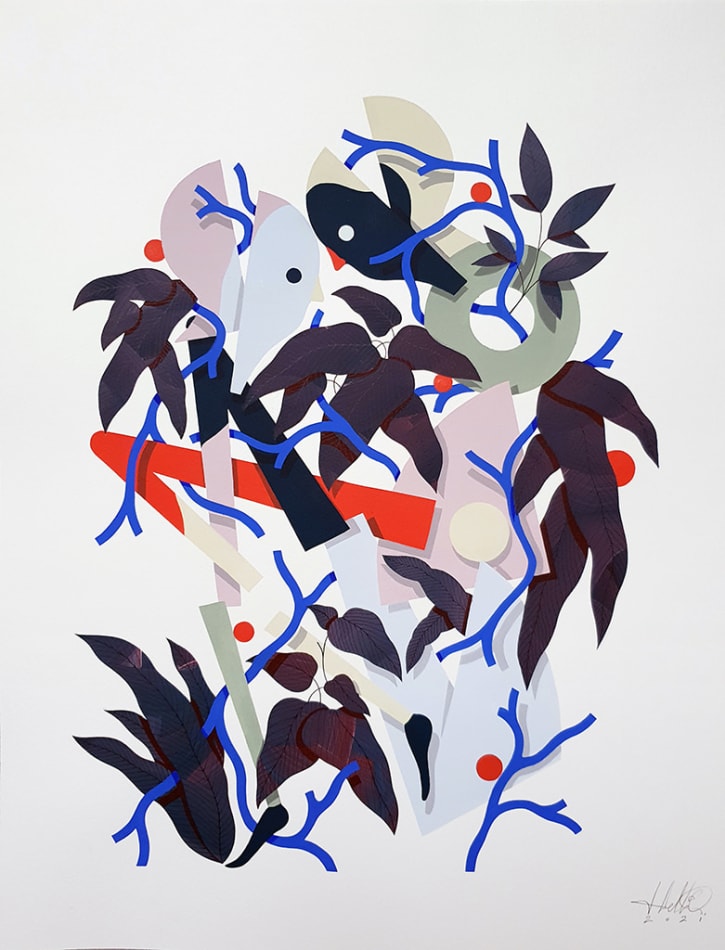 Hell'O Collective painting with two faces and leaves