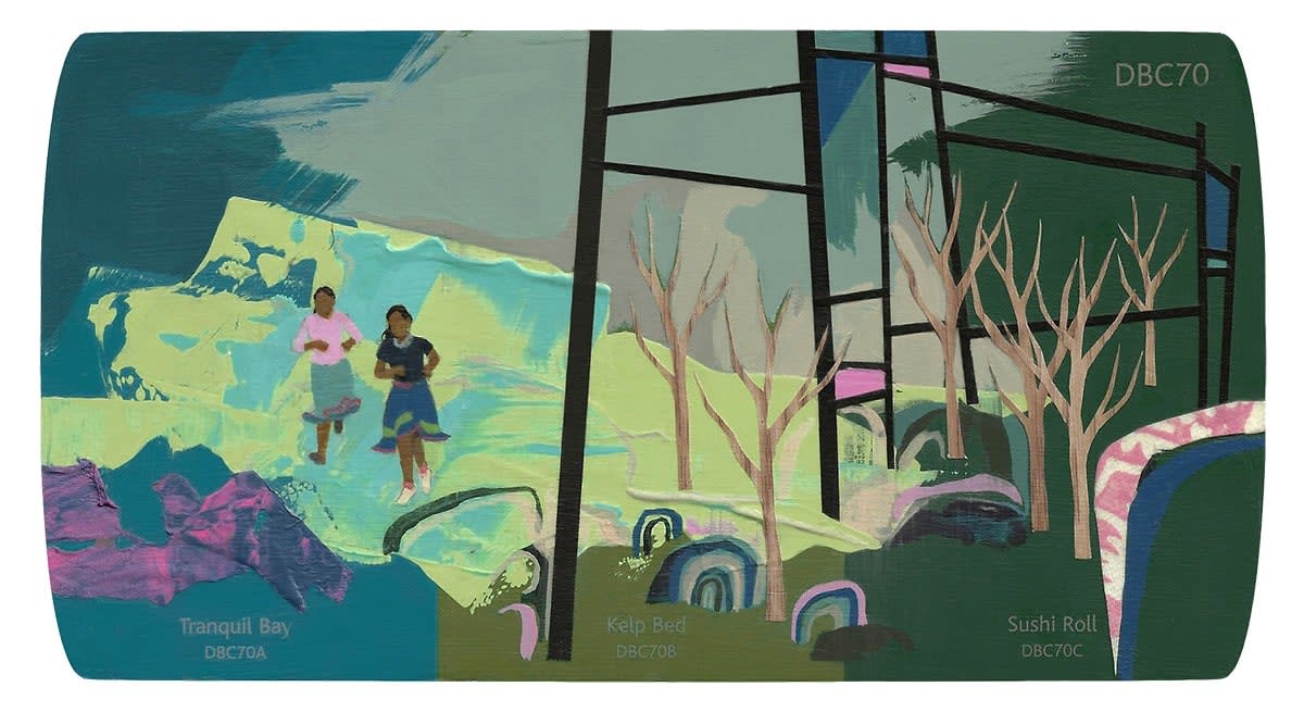 abstracted green landscape with two women running through it