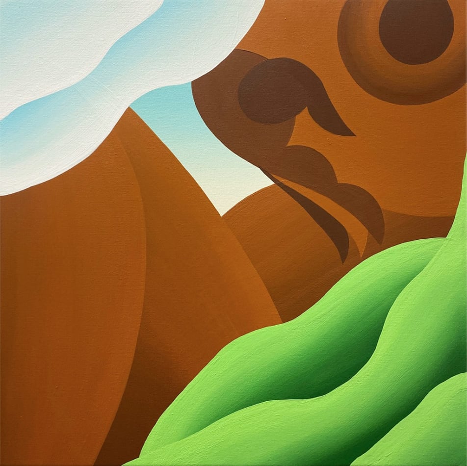 Bianca Nemelc painting of abstracted figure with green field and cloud shapes