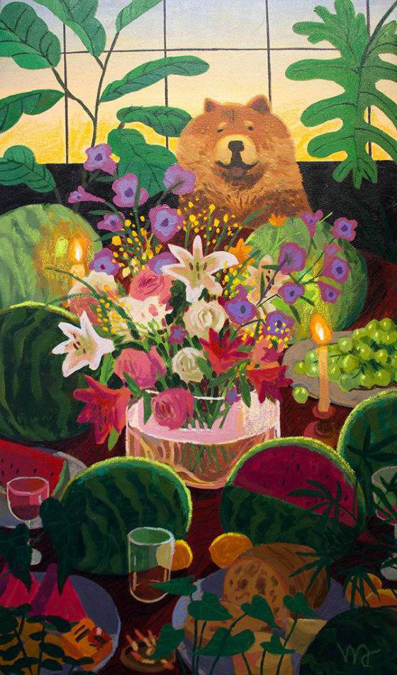 painting of a large fluffy brown dog at a table full of watermelons, a large bouquet of flowers, and lit candles by Nicholas Bono Kennedy