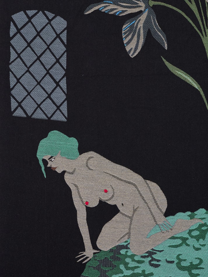 Detail of Oona Brangam-Snell hand-woven embroidery of large frog, flowers and fairy like women