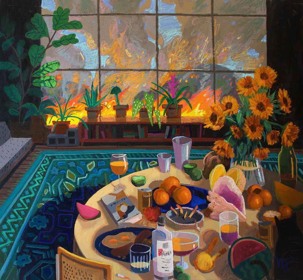 painting of a dining room table, filled with various foods and objects in the foreground, while a large fire takes place outside a large wall of windows by Nicholas Bono Kennedy