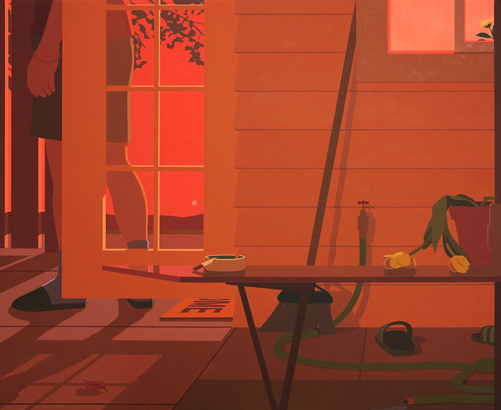 painting by artist Adrian Kay Wong depicting the exterior patio, of a home and an individual stepping outside a window-paned door. On the deck is an ash tray, a broom, a water hose, and wilted yellow tulips in a terracotta pot