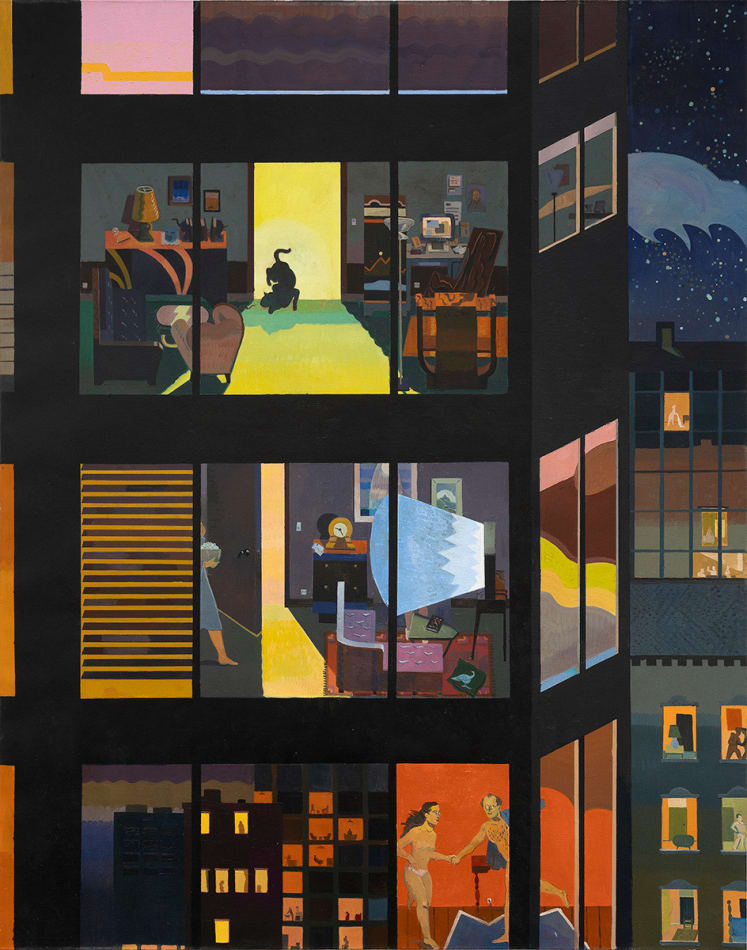 painting of an apartment building with views of several different apartments and their inhabiters