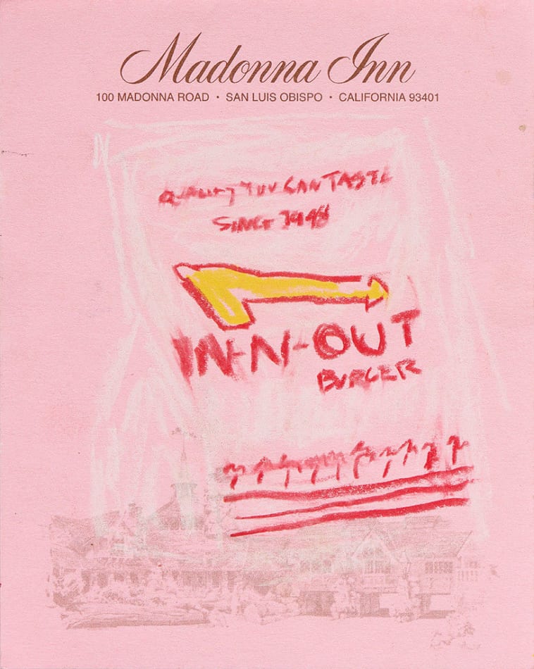 Drawing of an In n Out bag on pink hotel stationery