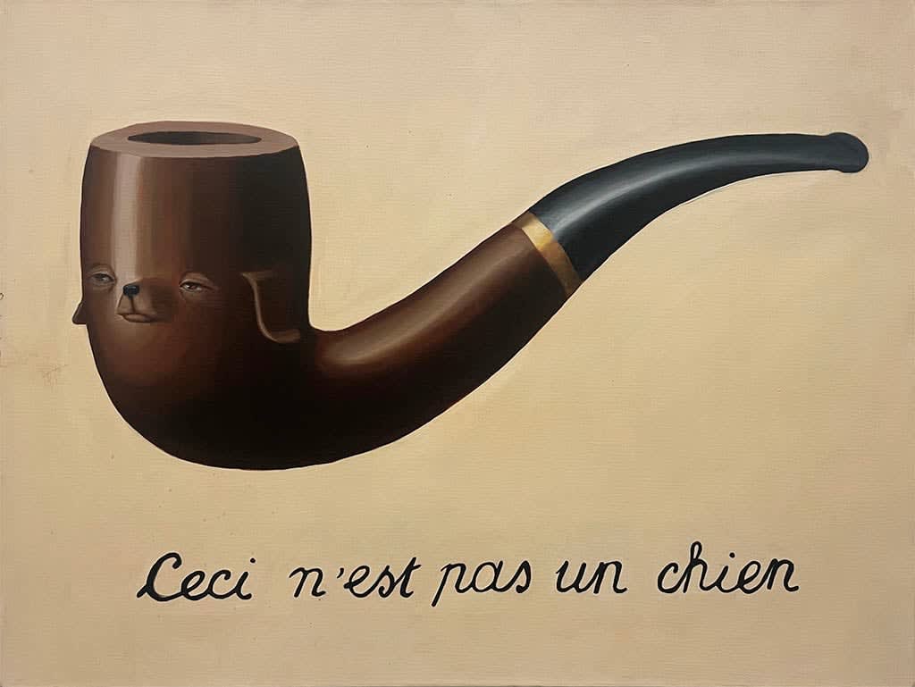 Painting of a pipe with a dog's face and the words 