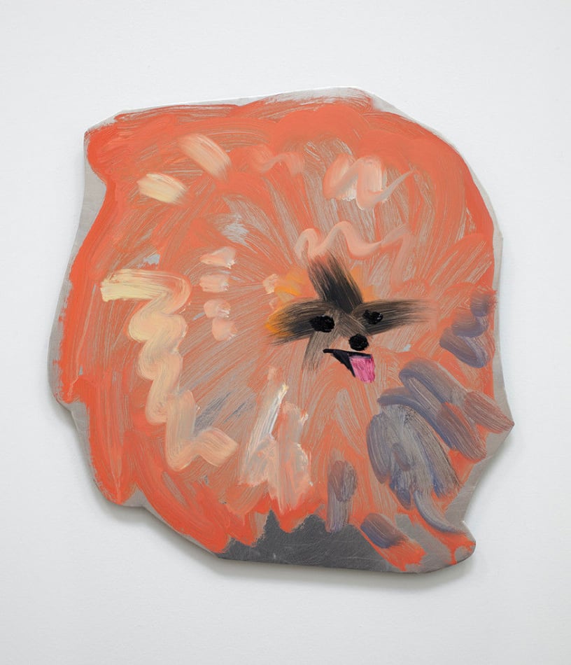 Painting of a round orange dog with a tiny face and his tongue sticking out