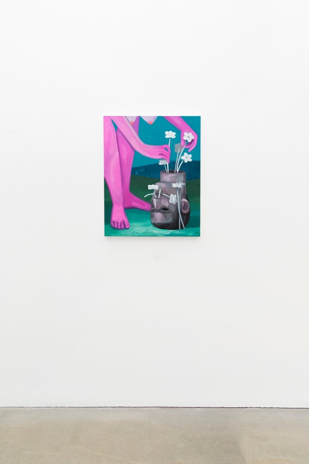 Corey K. Lamb - decapitated head upside down as vase, tended by pink female figure arranging flowers