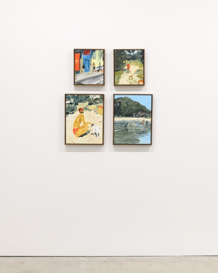 Installation view of four framed paintings by artist Kirsten Sims in a grid configuration
