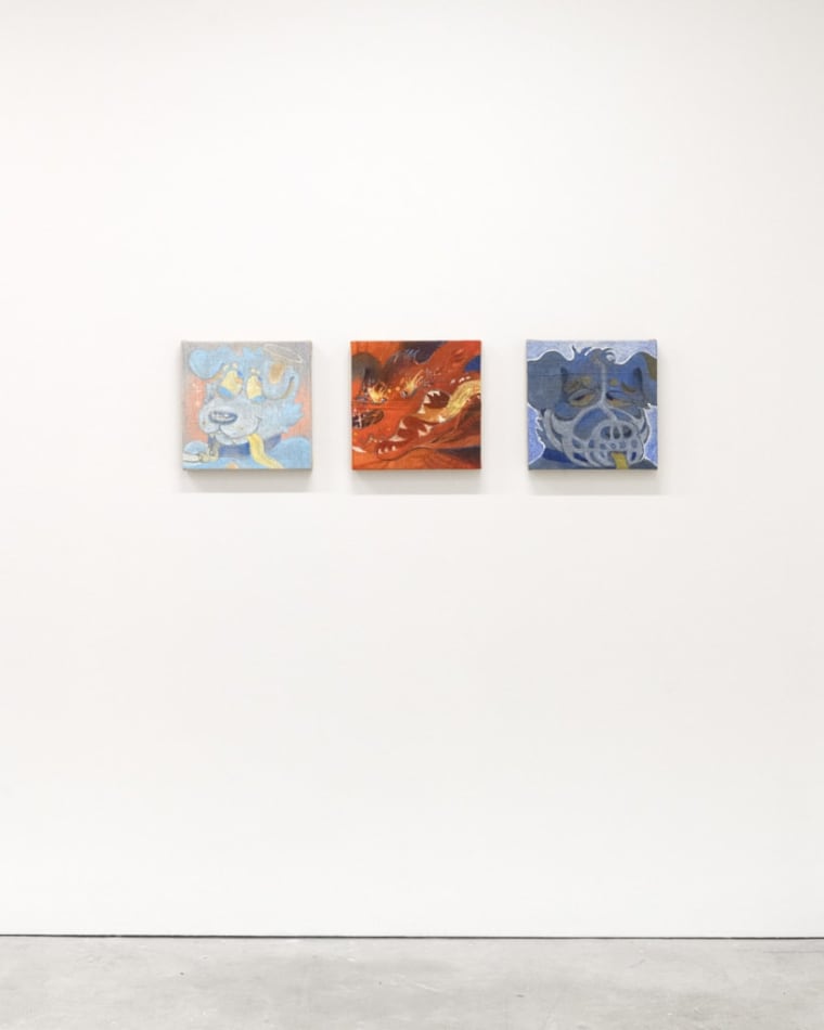 Installation view of Mark Zubrovich's three paintings of his fursona, Bruce in various emotional states