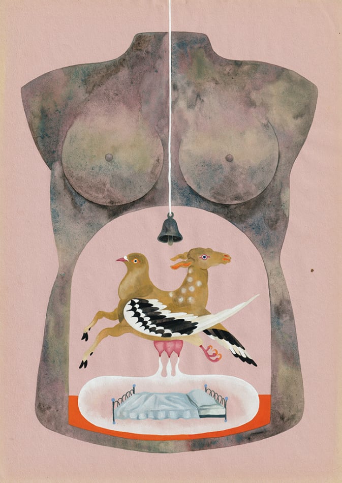 Watercolor painting by Lou Benesch of a human bust that has a hollow stomach a creature hovering above a bed